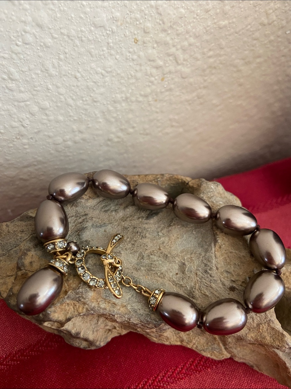 Vintage 80s Monet Bronze-Faux Pearl Beaded Bracelet with Gold Crystal Toggle